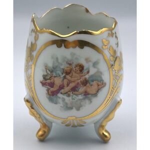 Vintage Limoges Porcelain Footed Egg Shaped Bud Vase Gold Floral Design Angels